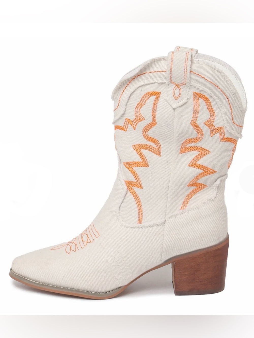 J. Adams Giddyup Mid-Calf White Denim & Orange Distressed Embroidered Boots NWT - Picture 2 of 7